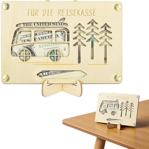 TranRantic Geldgeschenk Reise Camper, Holz Reisekasse Geldgeschenk Verpackung, Tragbare Urlaubskasse für Hochzeiten Geburtstage Reisen Glückwunschkarten Geschenk