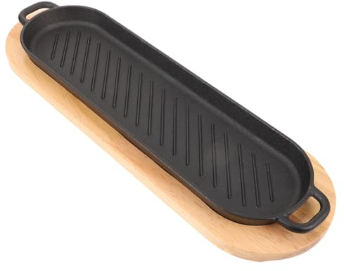 VERDANVERSE Plaque à Steak En Fonte Robuste 30x15 Cm Avec Base En Bois Naturel, Chauffage Uniforme, Pour Repas En Famille Et Barbecue, Poêle à Griller Compact Et Pratique