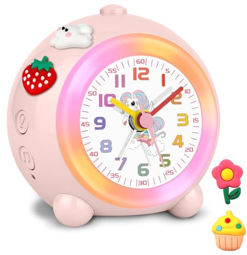 SOCICO Réveil analogique pour enfant - Design licorne - Silencieux - Sans tic-tac - Mignon - Pêche - Avec lumière colorée - Volume réglable (rose pâle)