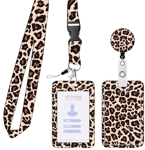 Ausweishülle mit Band Kartenhalter Ausweis Busfahrkarten Hülle Schüler Kartenhülle mit Abnehmbare Band Lanyard mit Kartenhülle Id Card Holder für Büroangestellte Krankenschwester Lehrer (Leopard Rose)