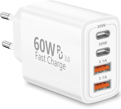 Rombica USB C Ladegerät, 4-Ports 60W Mehrfach Ladegerät mit USB-C und USB-A | PD Power Adapter Schnellladegerät Stecker USB Netzteil für iPhone 17 17 Pro 16 15 14 13 12 11 XS XR X, iPad, Samsung, Handys