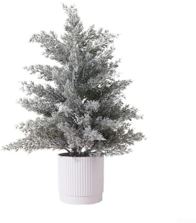 Kompakter schneebeflockter Mini-Weihnachtsbaum mit realistischen Kunststoff- und Seidenblättern im stabilen Topf für Tischplatte und Kaminsims, saisonale Dekoration