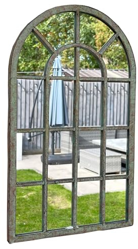 25cm x 45cm Arched Window Style Wall Mirror with a Distressed Metal Frame Suitable for Home and Garden Use