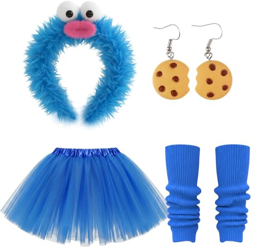 XDGBGFN Krümelmonster Kostüm Damen Monster Kostüm Erwachsene mit Cookie Haarreif, Tüllrock Blau, Stulpen für Cosplay, Karneval, Mottoparty, Maskerade