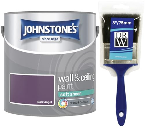 Dark Angel Johnstone’s Wall & Ceiling Soft Sheen Paint 2.5L + 3 Brush – Subtle Sheen Finish, Durable & Washable, Quick Dry, Low Odour Interior Paint for Walls & Ceilings
