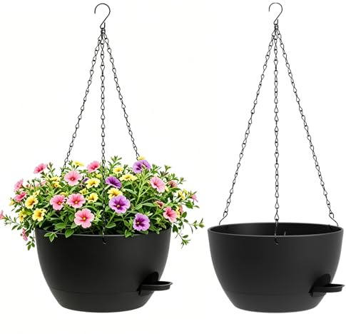 WSMKSZ 20cm Kleine Selbstbewässernde Blumenampel Hängend Innen Außen, 2er Set Kunststoff Blumentopf Hängend mit Drainageloch & Wasserreservoir, Hängetopf für Pflanzen für Balkon, Veranda, Schwarz