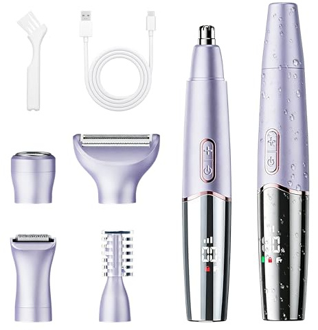 Intimrasierer für Frauen 5 in 1, Rasierer Damen mit Digitalanzeige, Wasserdicht nach IPX7, USB-Aufladbar, für Gesicht, Achselhöhlen, Arme und Bikinizone (Lila)