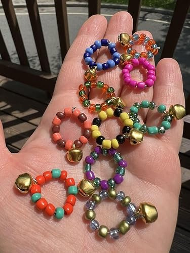 Pigeon Leg Bands Rings with Beads and a Jingle Bell, Assorted Colors, 8-9mm, Set of 15
