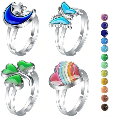 Lot de 4 bagues d'humeur (Papillon + Trèfle porte-bonheur + Cœur arc-en-ciel + Lune), bagues ajustables, accessoires de déguisement, bagues de fête, cadeau d'anniversaire, pour enfants filles garçons
