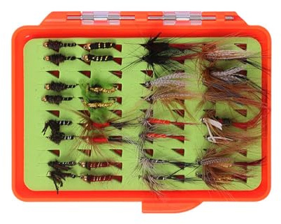 KELFEEAO Juego Surtido de Moscas para Pesca con Mosca, 30, 32 Piezas, Kit de Moscas para Trucha con Caja para Moscas, señuelos Artificiales para Pesca de salmón y tímalo en Agua du (81122CX32(32