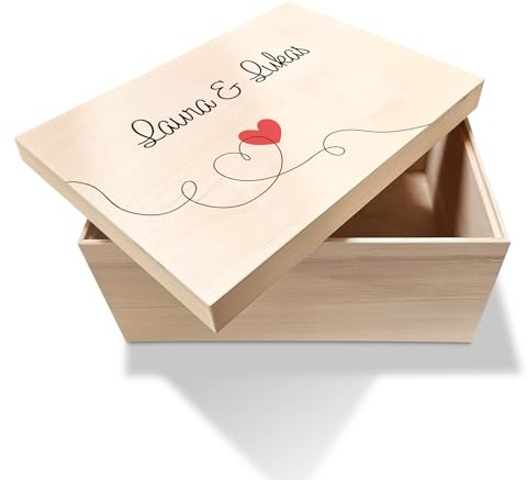 LEAF & GOLD Personalisierte Holzbox Herzschwung | Erinnerungsbox für Paare aus Holz mit Deckel I Geschenk zur Verlobung, Hochzeit oder Jahrestag I Handgefertigte Aufbewahrungsbox I 40 x 30 x 22cm