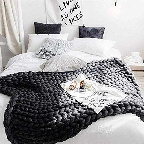Blanket Strickdecke,Grobe Handgefertigtes Chunky Gestrickte Wolldecke, Riese Klobig Sticken Werfen Sofa Decke Handgewebt Sperrig Sofa Decken Yoga Matte Teppich Große Weiche,Schwarz,80 * 100cm