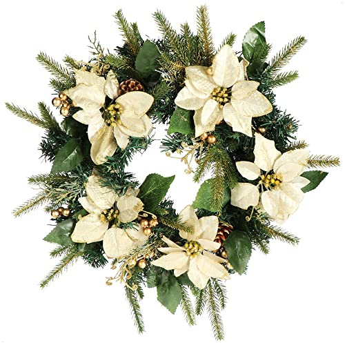 COM-FOUR® Couronne de Porte de Noël - Couronne de l'Avent avec cônes, Fleurs et Boules dorées - Couronne décorative - décoration de Noël - Couronne de Table - Couronne de Noël (Vert/Beige/doré)