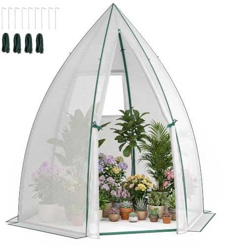 Outsunny Mini Gewächshaus für Pflanzen Rolltür Weiß 160 x 140 x 180 cm | Überwinterungszelt, Pflanzen Winterschutzzelt, Garten Balkon, Winterschutz