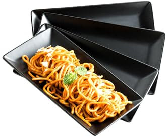 LAUCHUH Serving Platters, 10” Porcelain Serving Tray Sushi Plates Rectangular Platters for Halloween Gifts, Sushi, Dessert Cake, Appetizers, Meat, Microwave and Dishwasher Safe, Set of 4, Black