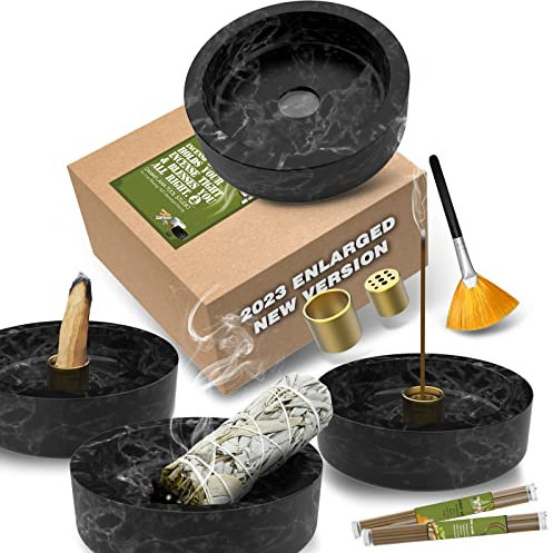 Räucherstäbchen Halter, Marmor Räuchergefäß 2023 Aufgerüstet Groß räucherstäbchenhalter für Räucherkegel Palo Santo Räucherkegel Räucheraschenfänger mit Räucherstäbchen als Geschenk (Schwarz)