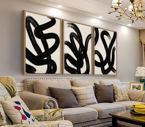 Framed Wall Art Canvas Set Abstract Lines Pictures Modern Mid Century Boho Wall Decor Minimalist Abstract Black Stroke Lines Canvas Painting Artwork Living Room Bedroom Home Office 24x36x3 Natural