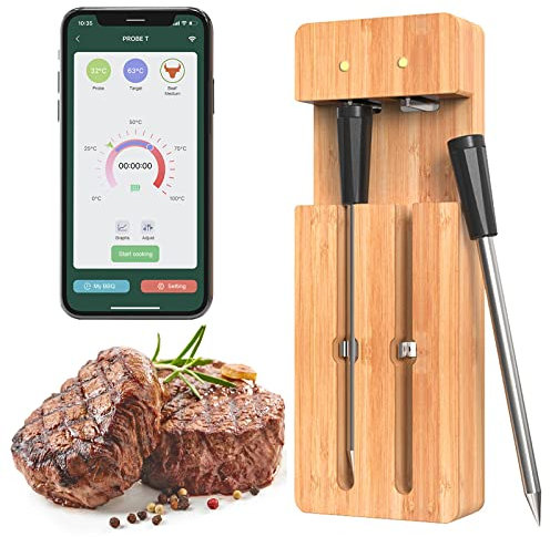Smart Meat Thermometer, 165ft Long Range Wireless Bluetooth Food Thermometer, Waterproof Thermometer For Oven Grill Kitchen BBQ Air Fryer Smoker Rotisserie, Digital APP Control Grill Food Probe (2)
