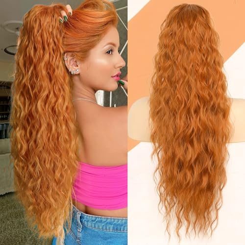 PORSMEER Pferdeschwanz Haarteil Lang 75 cm mit Kordelzug Wellig Locken Ponytail Extension Ingwer Orange Natürliches Clip in Haarteil Ponytail Haarzopf für Damen Afro Zopf Haarverlängerunge