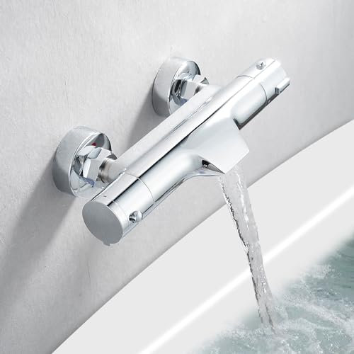 KEOKBON Duscharmatur mit Thermostat Mischbatterie Dusche mit 38 ° C Sicherheitssperre Wasserhahn Badewanne Armatur Wasserfall Badewannenarmaturen, Ventilkern Abnehmbar und Chrom-Finish für Badezimmer