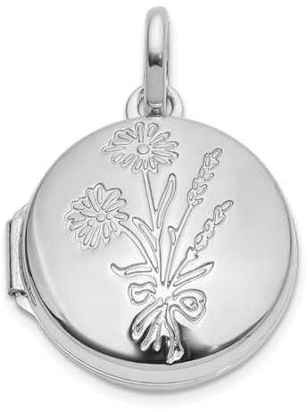 14 Karat Weißgold, poliert, Blumenmuster, 16 mm, wendbar, rund, Foto-Medaillon-Anhänger, Halskette, Schmuck für Damen, One Size, Gold Metall Weißes Gold, Kein Edelstein
