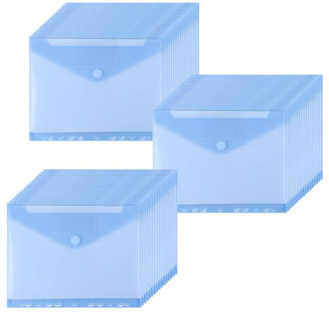 WOPPLXY 50 Stück Dokumententasche A4 zum Abheften, Wasserdicht Dokumentenmappe A4 mit Druckknopf, 11 Binderlöcher und Etikettentasche, Blau Transparente Sammelmappen A4 für Dokumente Organisieren