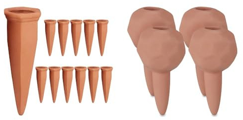 Relaxdays Tonkegel Bewässerung, Gießkegel 12er Set & Bewässerungskugeln Ton, 4er Set, Durstkugeln Ø 6cm, Keramik, dosierte Bewässerung für Topfpflanzen, Terracotta, 11 x 6 x 6 cm