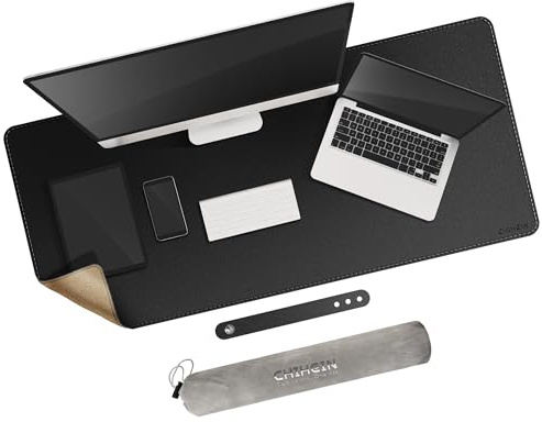 Chihein 119 cm x 50 cm stor skrivbordsmatta, naturlig kork och PU-läder, dubbelsidig skrivbordsdyna, vattentät skrivbordsdyna för arbete, hem (svart)