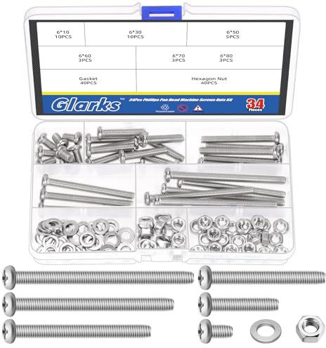 Glarks 114 vis cruciformes à tête plate M6 x 10/30 / 50/60 / 70 / 80mm, acier inoxydable 304, filetage complet, vis cruciformes argentées avec écrou et rondelle pour tiroir d'armoire