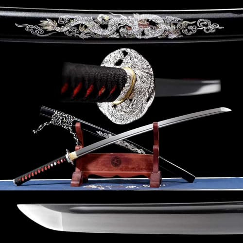 103cm handgefertigtes Katana-Schwerts,Klinge aus Federstahl mit Blutrille,Scheide aus massivem Holz mit Lack,echtes Samurai-Schwert zum Sammeln,Spielen,Rollenspielen,Kampfsport,Kendo-Training,Iaido