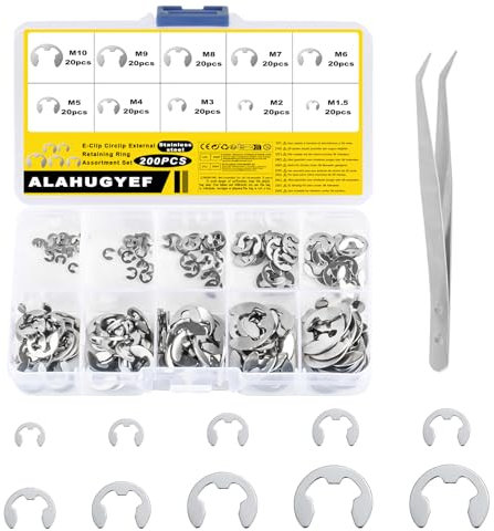 Set di 200 Clip di Ritenzione E-Clip, Anello di Fissaggio Interno ed Esterno, Kit di Anelli a Scatto E-Clip, Disponibili in 10 Dimensioni