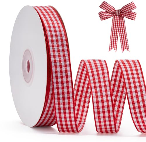 FAKILO Red Gingham Ribbon 15mm X 22m Red and White Buffalo Plaid Check Ribbon for Gift Wrapping Christmas DIY Crafts Hair Accessories and Home Decor