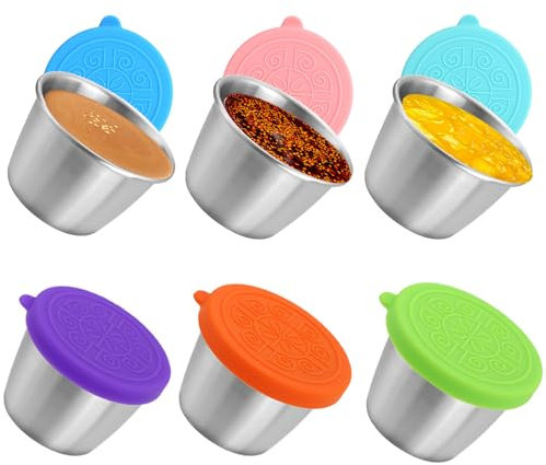 LURNODY 6 Pièces Récipient Vinaigrette,Silicone Réutilisables Récipient à Sauce 70ML en Acier Inoxydable Vinaigrette avec Couvercles en Silicone,pour Pique-Niquer,Transporter, Voyager