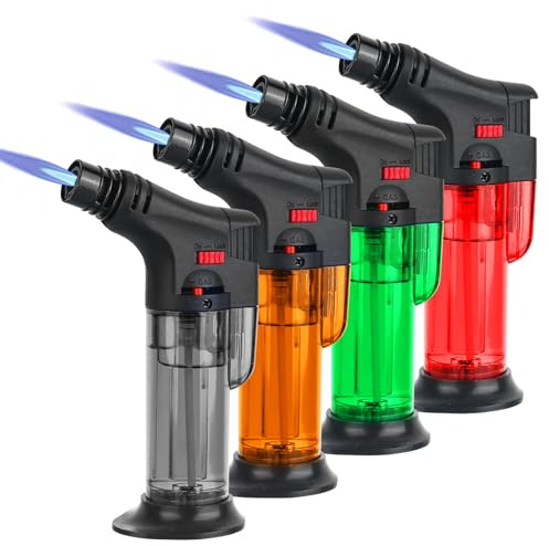 4 Stück Flambierbrenner, Küchenbrenner Crème Brulée Brenner, Bunsenbrenner mit Sicherheitsschloss, Nachfüllbar Gasbrenner für Küche, Gebäck, Desserts, Camping, Grillen (Color-1)