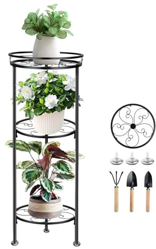 MAIJIAJU 3 Etagen Metall Pflanzenständer Blumenständer mit Gartengeräte, 86cm Schwarz Ecke Pflanzenregal Blumenregal für Mehrere Pflanzen, Hoch Blumentreppe Pflanztisch für Patio Garten Balkon