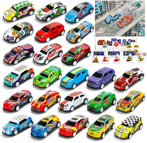 MUXIWOM Voiture Enfant 24 Pièces Petites Voitures Jouets en Métal avec Barrage Routier & Tapis de Jeu 6,8cm Mini Jouet Voiture Bebe Voitire à Friction Cadeau pour Enfant Garçon 2 3 4 5 6 7 8 Ans