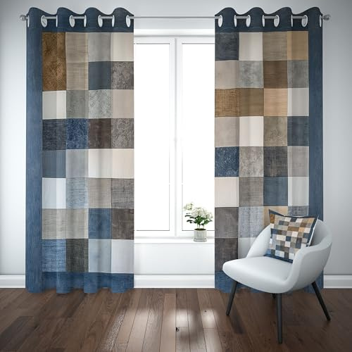 Yidbhsse Rideaux Thermiques Isolants Anti Froid Patchwork Plaid Lot De 2 117x137 cm, Treillis Vintage Rideaux Occultant À Oeillets, Simplicité Opaque Rideau pour Chambre Et Salon