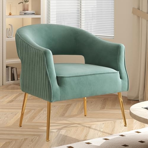 SEYNAR Moderner Samt-Akzentstuhl, gepolsterter Fasssessel, gestreifter Eimer-Seitensessel, Ecksofa, Einzelsofa für Wohnzimmer, Schlafzimmer, Schminktisch, Büro, Lesezimmer, Grün