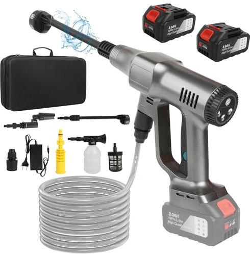 Nettoyeur Haute Pression sur Batterie, Maximum 200 Bar, Nettoyeur Haute Pression avec 2x Batterie 15000mAh, Buse 6 en 1, Buse Réglable et Tuyau 5m, Pistolet à Eau sous Pression pour Voiture, Sol