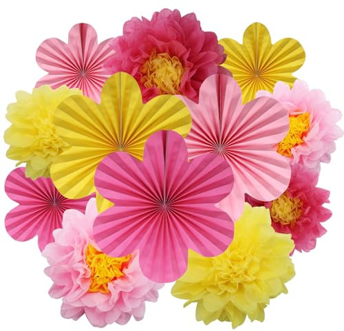 BestoFun 12er Set Papier Blumenfächer & Papierblumen Pompons Rosa Gelb Hellrosa Hängende Girlande Dekoration für Hochzeit Geburtstagsfeier Gartenparty Tischdeko