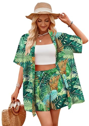SERTAS Chemise hawaïenne pour femme - Short doux et cool - Imprimé tropical - Tenue d'été pour femme, Vert 2, L