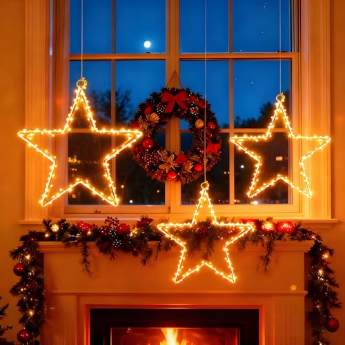 Stern Fenster Beleuchtet 3 Pack 20 LED Weihnachtsstern Fenster Batteriebetriebene mit Timer Wasserdicht Leuchtsterne Weihnachten warmweiße für fensterbeleuchtung Deko Hängen Weihnachtsdeko