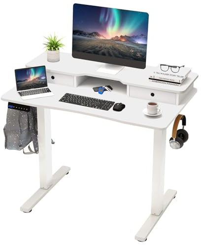 FANTASK Escritorio de Altura Ajustable de 100 x 60 cm, Mesa Alta eléctrica con Soporte para Monitor, cajones, estantes y 2 Ganchos, Escritorio para Ordenador para el hogar y la Oficina (Blanco)