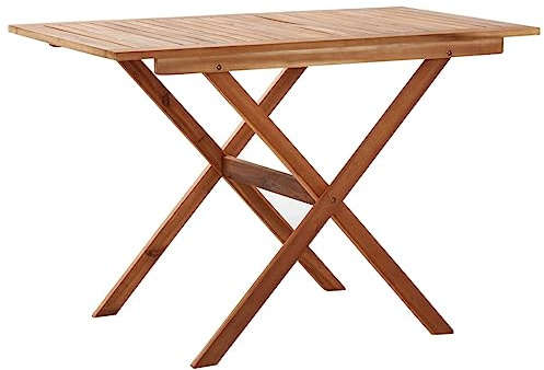 HaoChrymec Gartentisch mit Massivholz Akazie und Naturöl-Beschichtung, Latten-Design, Kreuzbeine, Gartentisch wetterfest, Balkon Tisch, Beistelltisch Outdoor, Braun, 110x67x74 cm