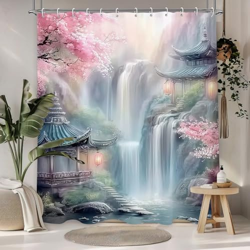 Glioown Traditional Chinese Garden Waterfall Shower Curtain 60Wx71L, Pink Cherry Blossom Shower Curtains for Bathroom, Pavilion Landscape Shower Curtain Set 12 Pack Hooks