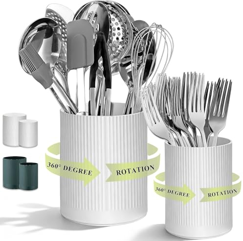 HOMQUEN 360° Rotating Utensil Holder, 16+12cm Plastic Kitchen Utensil Holder for Countertop, Large Cooking Utensil Crocks for Kitchen Decor, Utensil Organizer for Spatula, Set of 2 (White)
