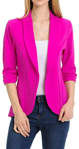 MINEFREE Women's 3/4 Ruched Sleeve Lightweight Work Office Blazer Jacket Berry 1XL