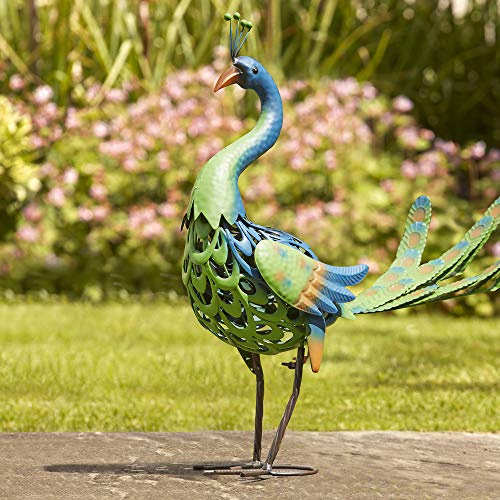 Garden Gear Metal Peacock Ornament, Bird Statue, Outdoor Painted Sculpture for Pathways, Patios & Borders, Height 58cm