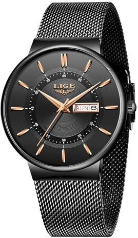 LIGE Uhr Herren | Wasserdicht Edelstahl Vintage Analog Armbanduhren Business Quarz Schwarz Edelstahlband Herrenuhr Datumsanzeige Klassisch Einfach Watches for Men - Geschenk für Männer,Schwarz
