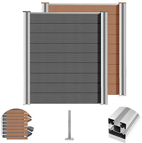 S SIENOC WPC Zaun Sichtschutzzaun 180cm Zaunblende Gartenzaun Lamellenzaun Alu-Pfosten Grau Windschutz(3x Element + 4x Pfosten,Grau)